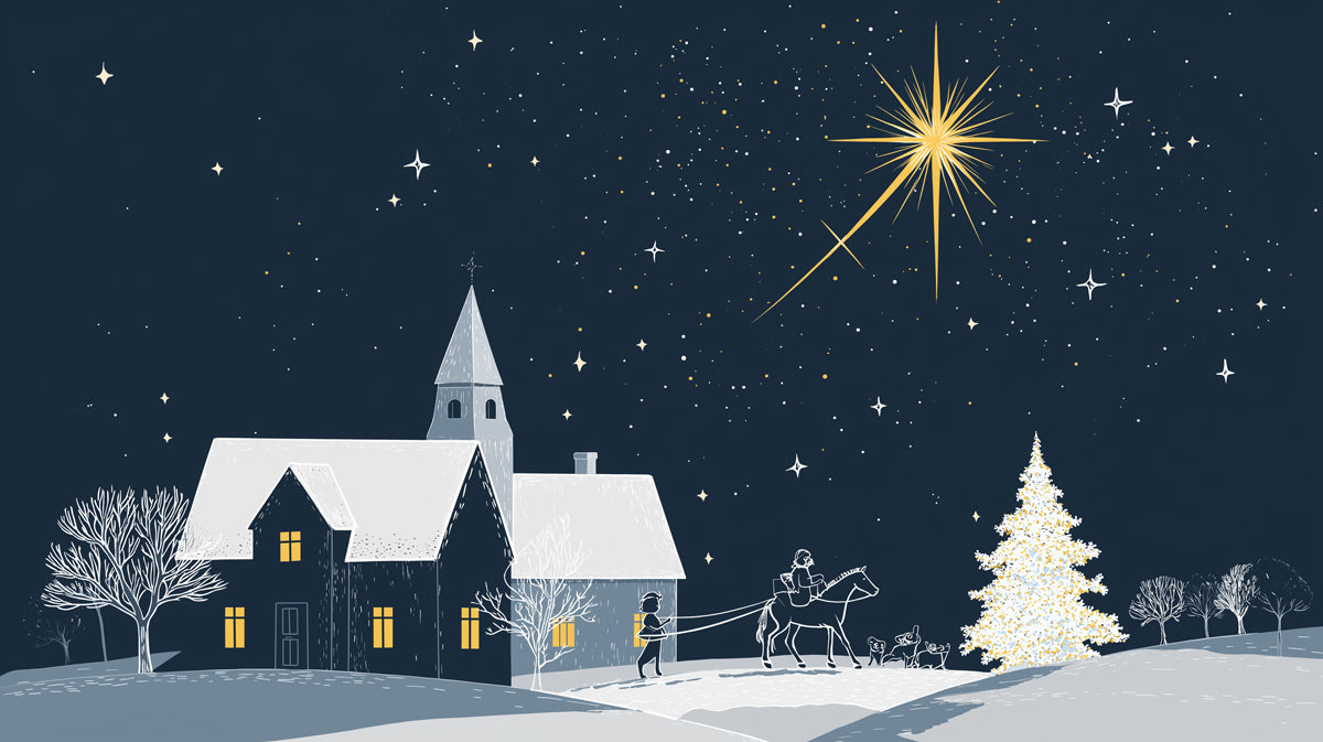 Minimalist Snowy Village and Star Mural Wallpaper | High Contrast, Graphic Art, Midnight Blue Palette