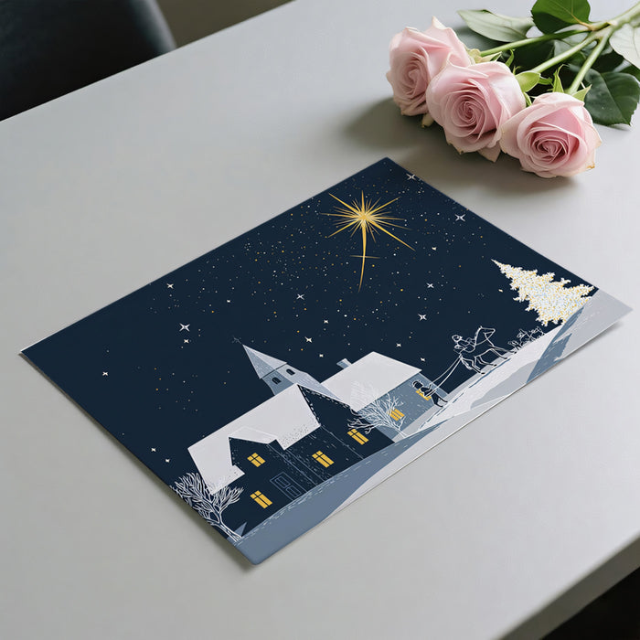 Minimalist Snowy Village and Star Mural Wallpaper | High Contrast, Graphic Art, Midnight Blue Palette