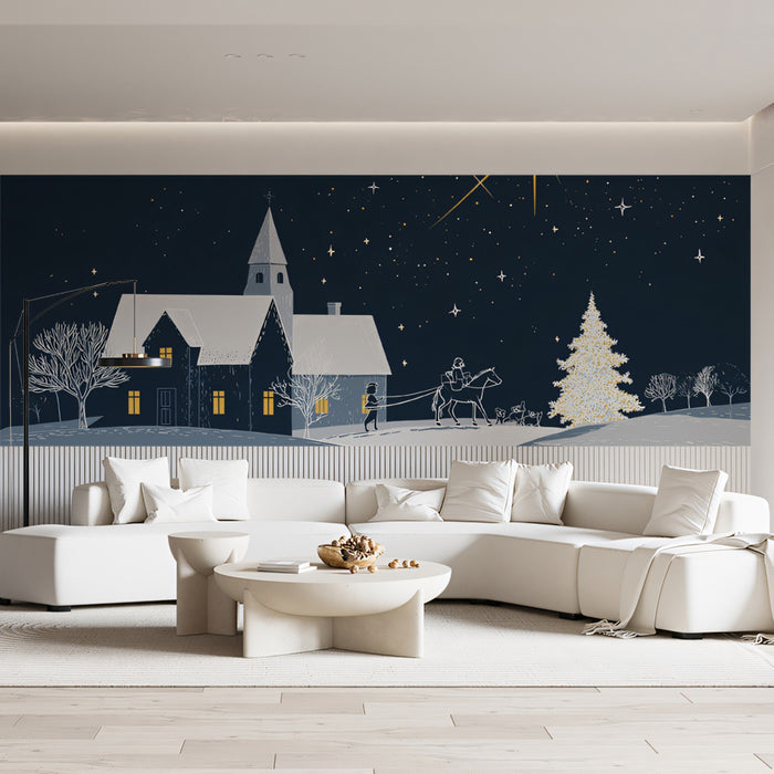 Minimalist Snowy Village and Star Mural Wallpaper | High Contrast, Graphic Art, Midnight Blue Palette