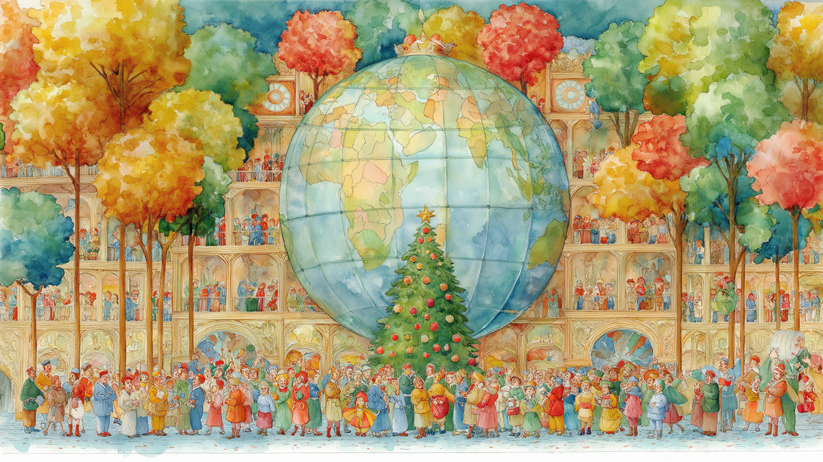 Watercolor Global Christmas Mural Wallpaper | World Globe Focus, Festive Crowd, Lush Trees, International Theme
