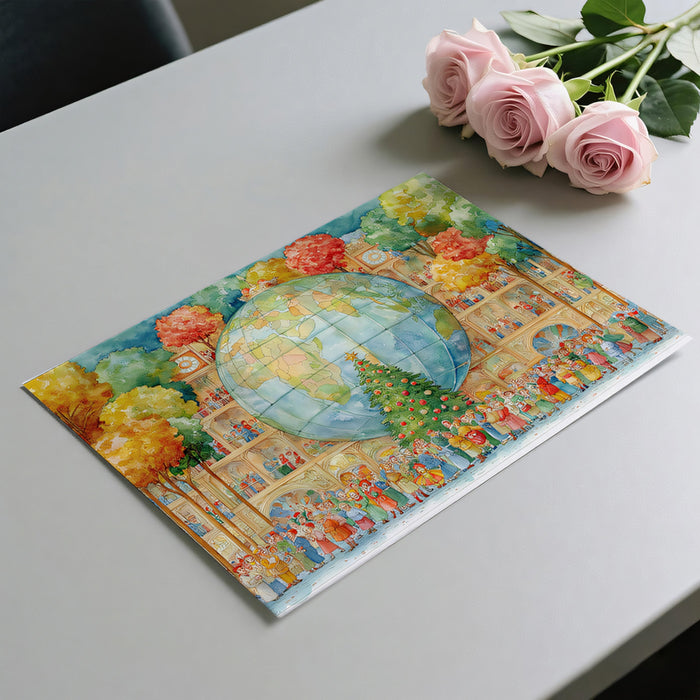 Watercolor Global Christmas Mural Wallpaper | World Globe Focus, Festive Crowd, Lush Trees, International Theme