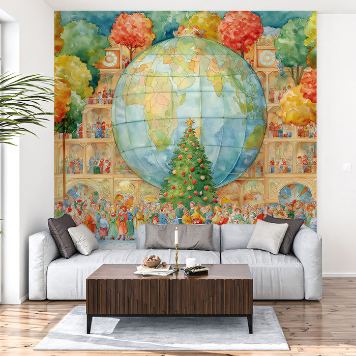 Watercolor Global Christmas Mural Wallpaper | World Globe Focus, Festive Crowd, Lush Trees, International Theme