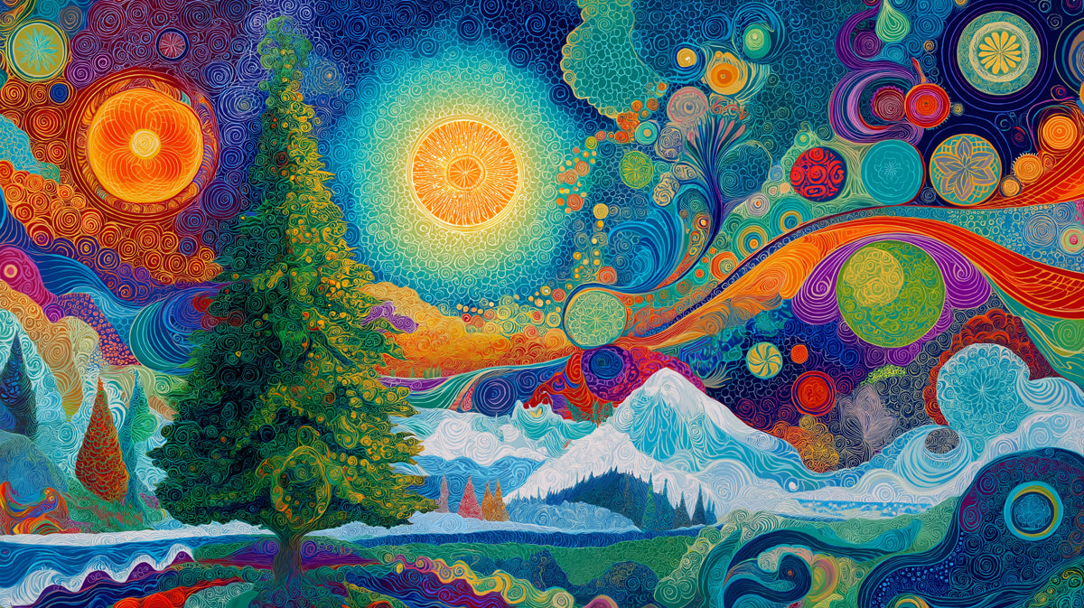Psychedelic Cosmic Christmas Mural Wallpaper | Vibrant Colors, Sun Mandala, Abstract Landscape