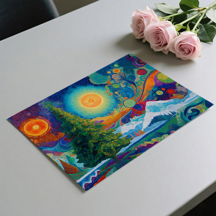 Psychedelic Cosmic Christmas Mural Wallpaper | Vibrant Colors, Sun Mandala, Abstract Landscape
