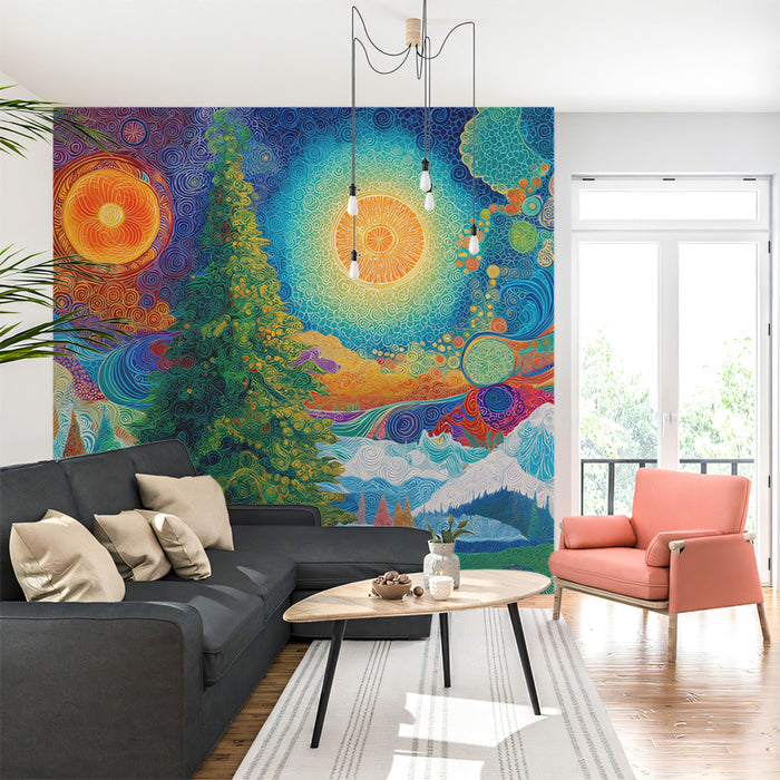 Psychedelic Cosmic Christmas Mural Wallpaper | Vibrant Colors, Sun Mandala, Abstract Landscape