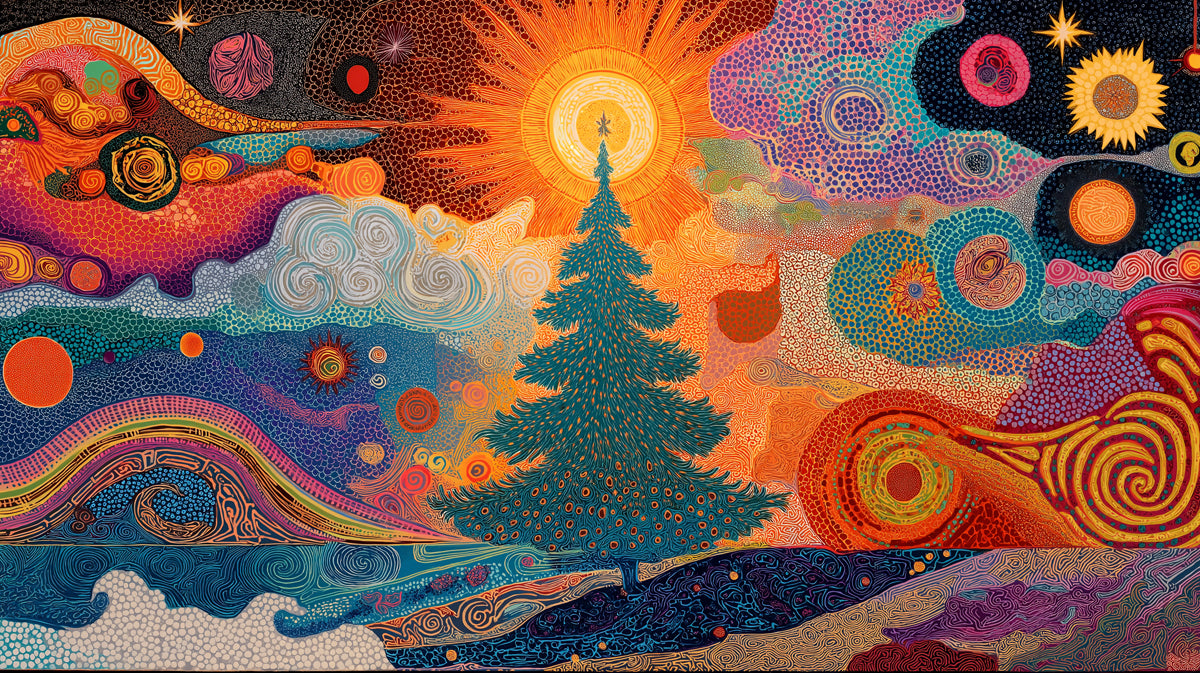 Abstract Swirl Christmas Tree and Sun Mural Wallpaper | Textured Cosmic Art, Orange and Teal Hues, High Contrast