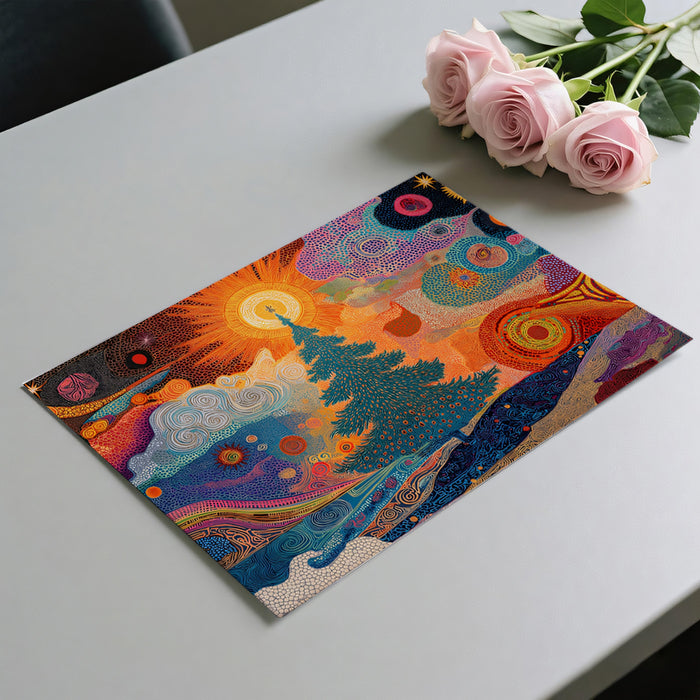 Abstract Swirl Christmas Tree and Sun Mural Wallpaper | Textured Cosmic Art, Orange and Teal Hues, High Contrast