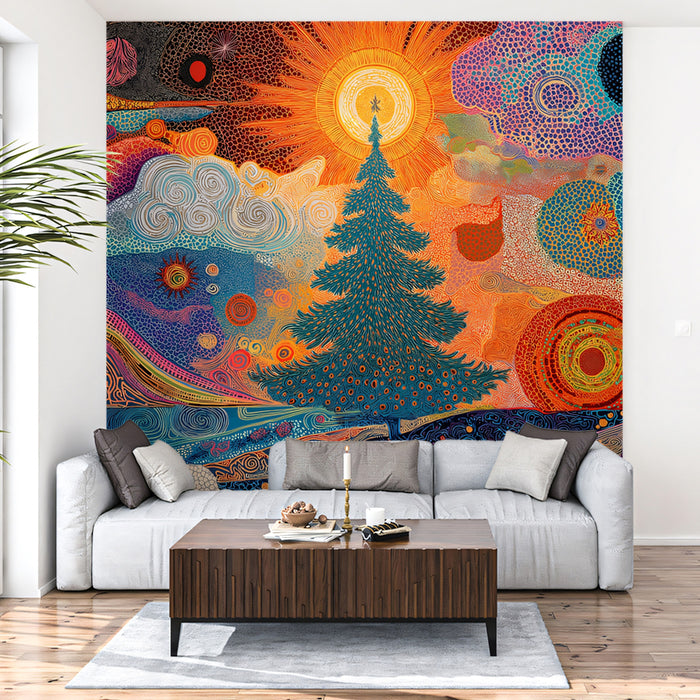 Abstract Swirl Christmas Tree and Sun Mural Wallpaper | Textured Cosmic Art, Orange and Teal Hues, High Contrast