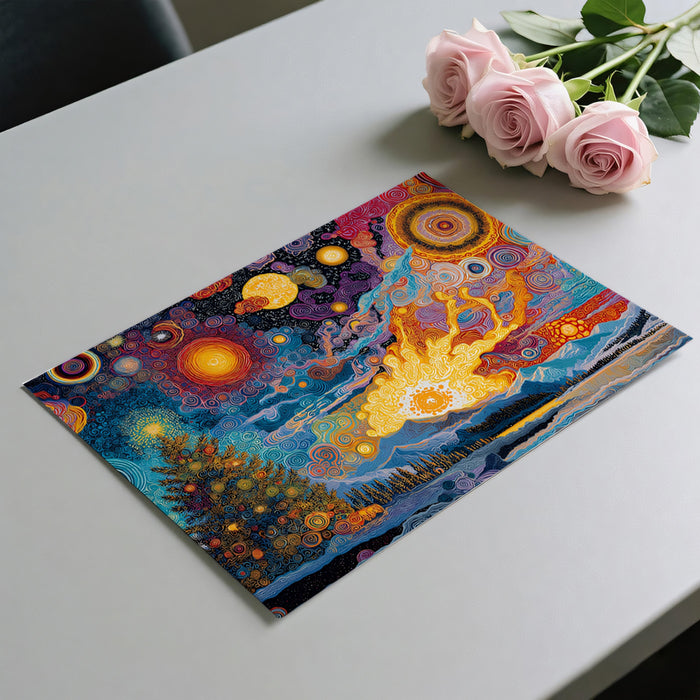 Swirling Cosmic Christmas Mural Wallpaper | Psychedelic Art, Orange and Blue Contrast, Starry Tree