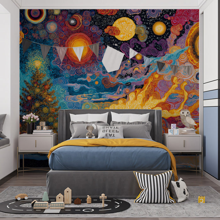 Swirling Cosmic Christmas Mural Wallpaper | Psychedelic Art, Orange and Blue Contrast, Starry Tree