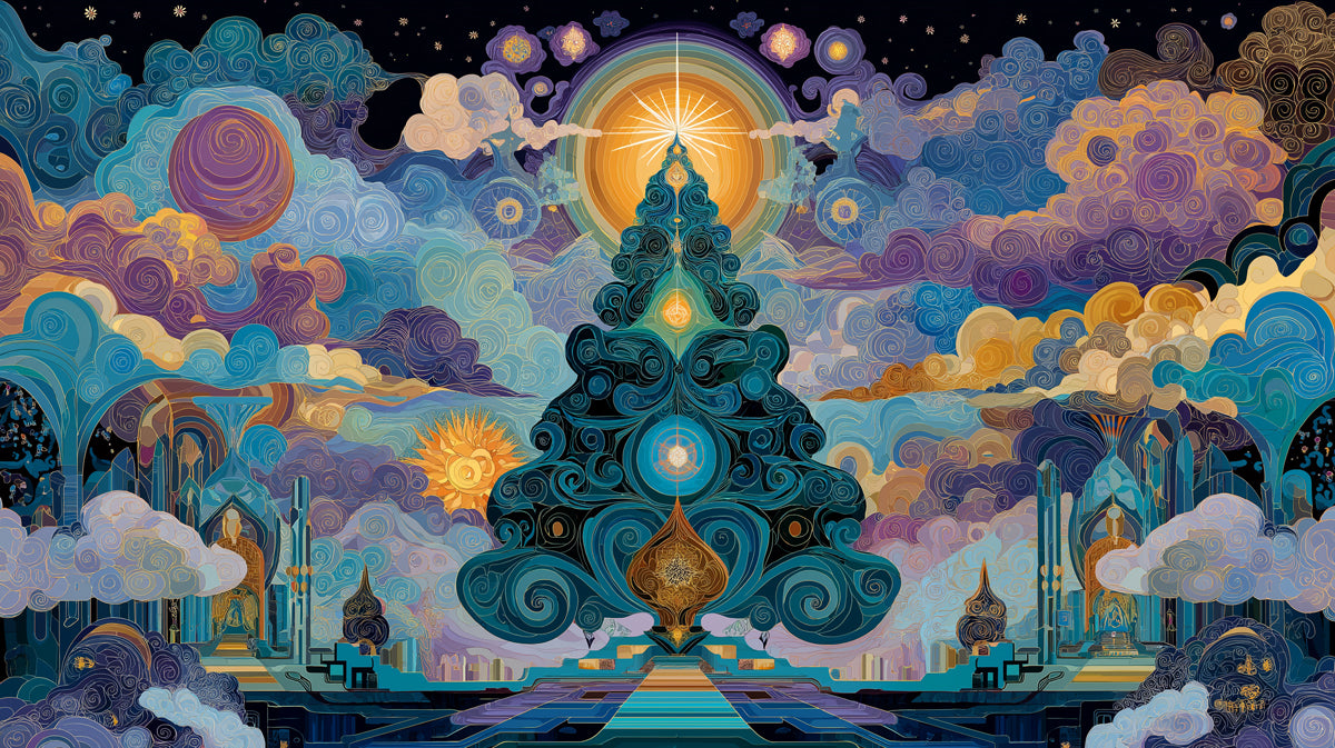 Celestial Mandala Christmas Mural Wallpaper | Stylized Tree, Gold Accents, Deep Blue and Purple Mysticism