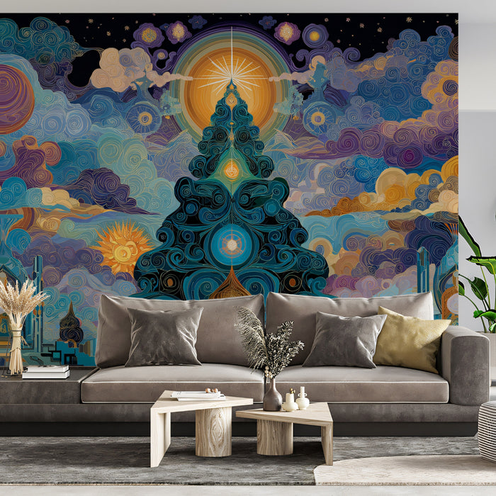 Celestial Mandala Christmas Mural Wallpaper | Stylized Tree, Gold Accents, Deep Blue and Purple Mysticism
