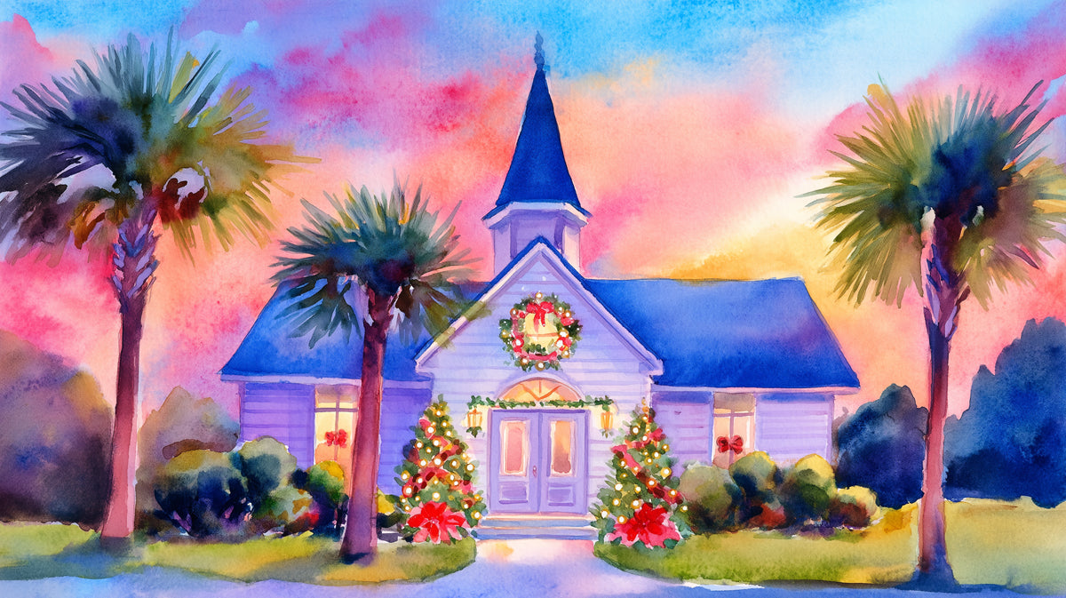 Tropical Christmas Church Watercolor Mural Wallpaper | Palm Trees, Pink/Orange Sky, Warm Coastal Vibe