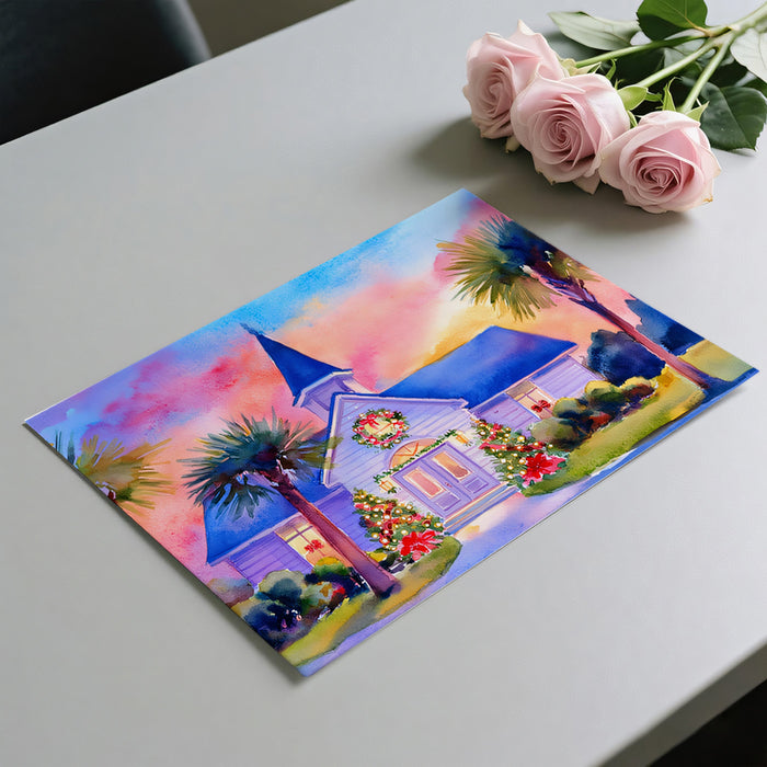 Tropical Christmas Church Watercolor Mural Wallpaper | Palm Trees, Pink/Orange Sky, Warm Coastal Vibe