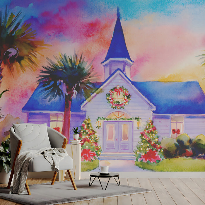 Tropical Christmas Church Watercolor Mural Wallpaper | Palm Trees, Pink/Orange Sky, Warm Coastal Vibe