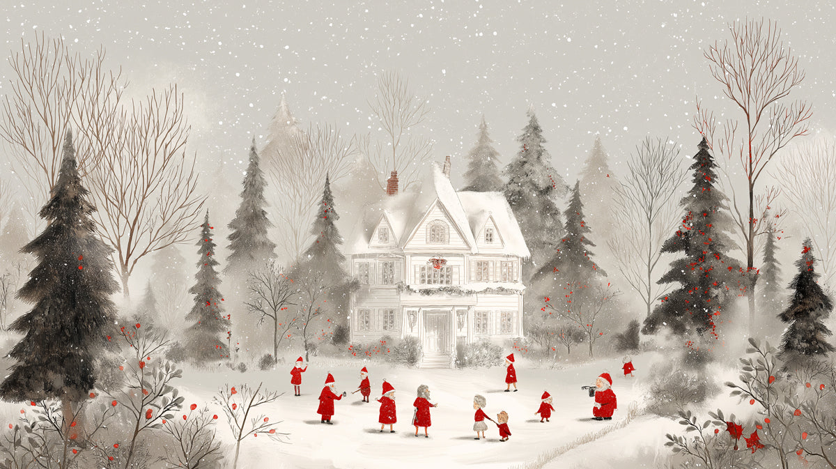 Vintage Snowy Mansion Illustration Mural Wallpaper | Red and White Palette, Fairy Tale Charm, Soft Snowfall