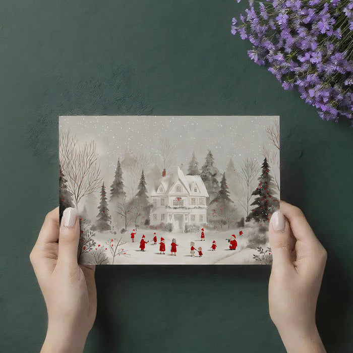 Vintage Snowy Mansion Illustration Mural Wallpaper | Red and White Palette, Fairy Tale Charm, Soft Snowfall