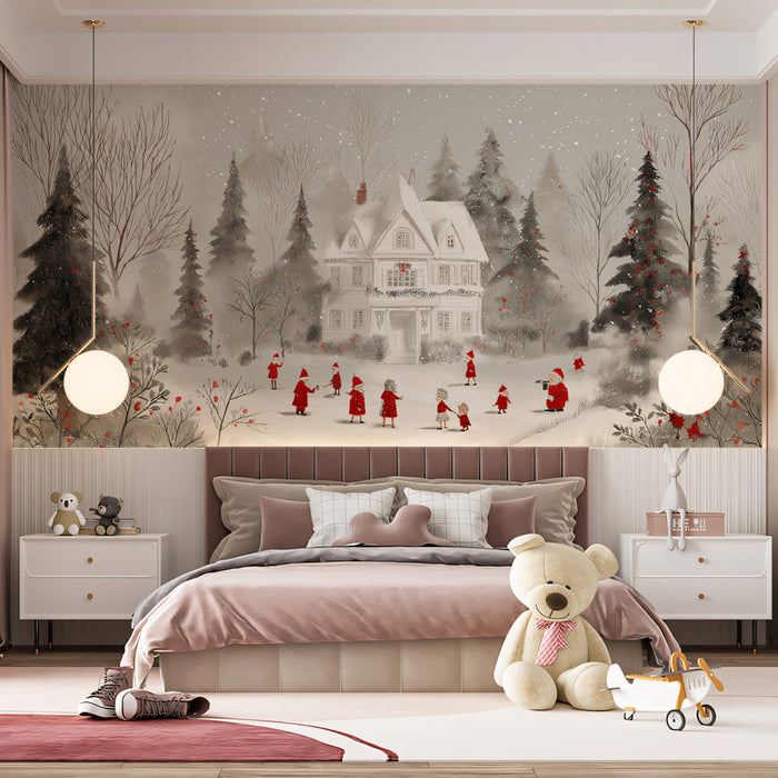Vintage Snowy Mansion Illustration Mural Wallpaper | Red and White Palette, Fairy Tale Charm, Soft Snowfall