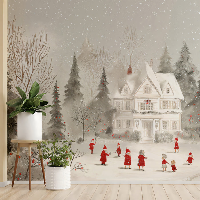 Vintage Snowy Mansion Illustration Mural Wallpaper | Red and White Palette, Fairy Tale Charm, Soft Snowfall