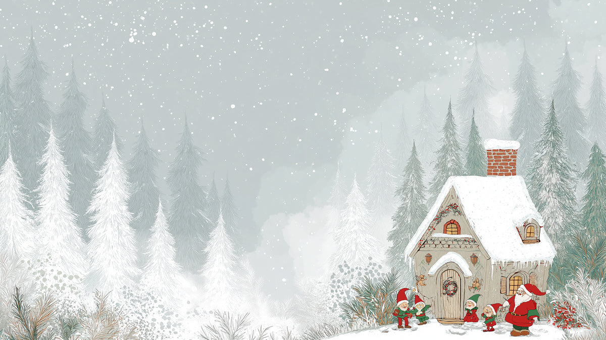 Snowy Cabin and Elves Illustration Mural Wallpaper | Forest Foreground, Mint Green Tones, Wide Vista