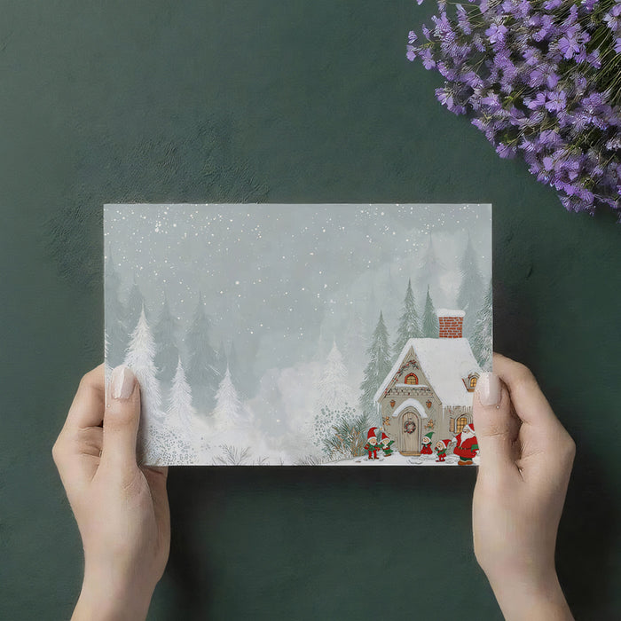 Snowy Cabin and Elves Illustration Mural Wallpaper | Forest Foreground, Mint Green Tones, Wide Vista