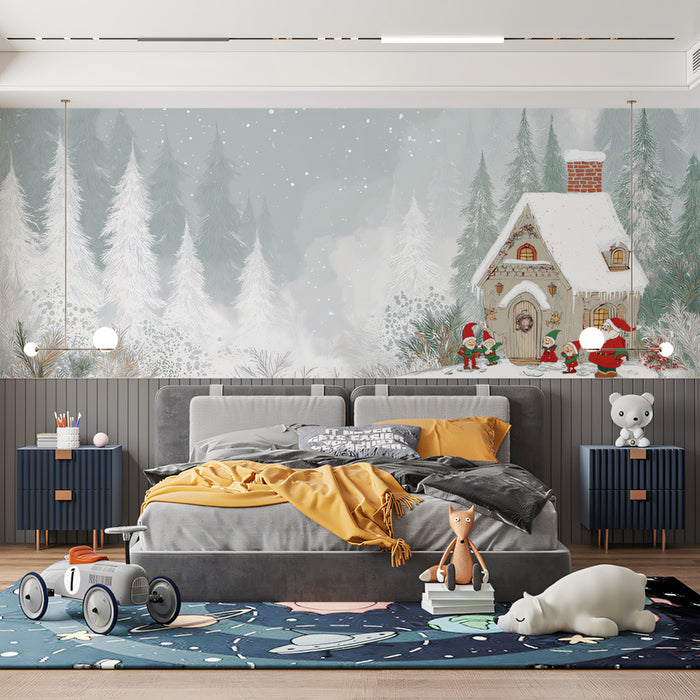 Snowy Cabin and Elves Illustration Mural Wallpaper | Forest Foreground, Mint Green Tones, Wide Vista