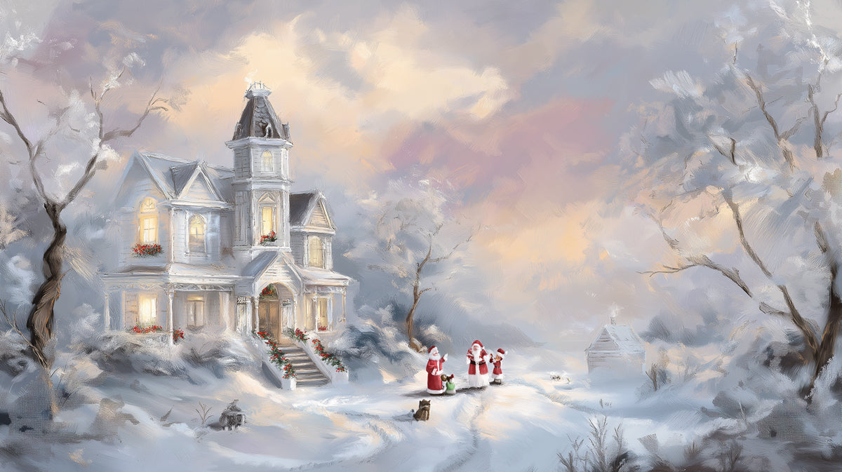 Impressionistic Snowy Victorian Mansion Mural Wallpaper | Soft Focus, Pastel Sky, Elegant Winter Scene
