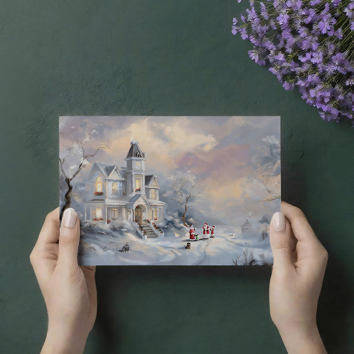 Impressionistic Snowy Victorian Mansion Mural Wallpaper | Soft Focus, Pastel Sky, Elegant Winter Scene