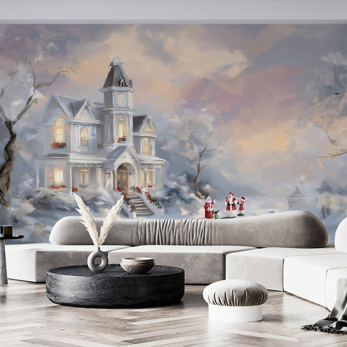 Impressionistic Snowy Victorian Mansion Mural Wallpaper | Soft Focus, Pastel Sky, Elegant Winter Scene