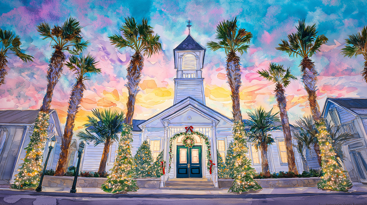 Tropical Coastal Church Watercolor Mural Wallpaper | Palm Trees and Christmas Lights, Sunset Palette, High Contrast