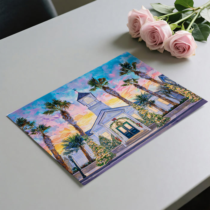 Tropical Coastal Church Watercolor Mural Wallpaper | Palm Trees and Christmas Lights, Sunset Palette, High Contrast