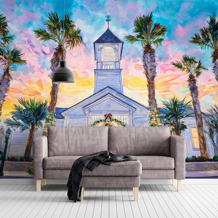 Tropical Coastal Church Watercolor Mural Wallpaper | Palm Trees and Christmas Lights, Sunset Palette, High Contrast