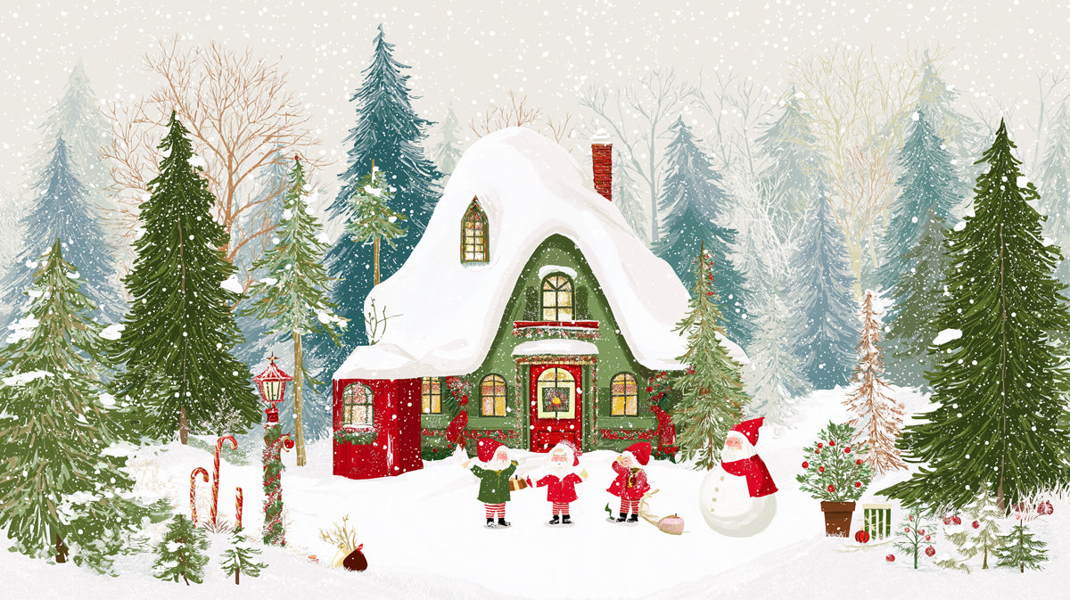 Cozy Forest Cottage Christmas Mural Wallpaper | Traditional Red and Green, Snow-Covered Trees, Cute Figures