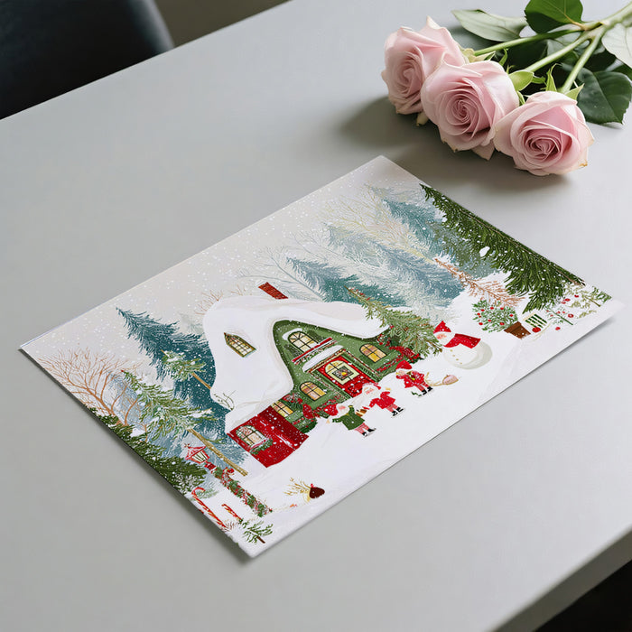 Cozy Forest Cottage Christmas Mural Wallpaper | Traditional Red and Green, Snow-Covered Trees, Cute Figures