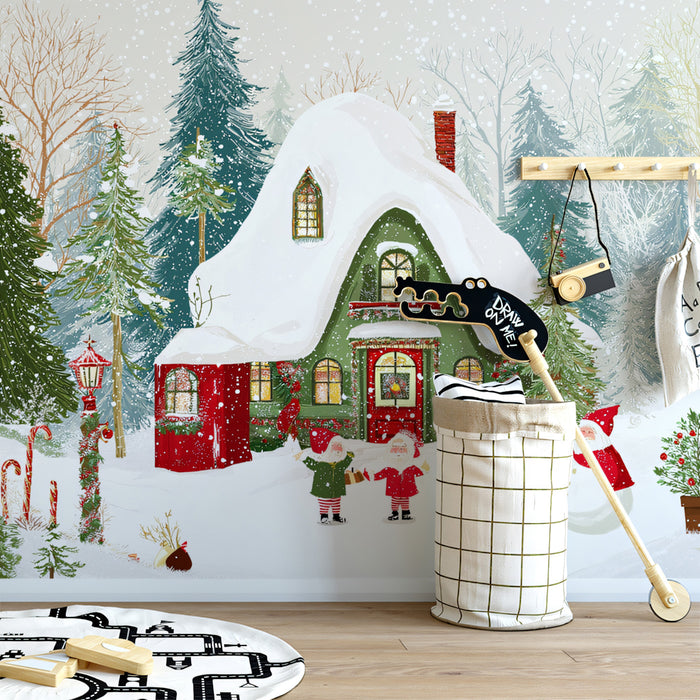 Cozy Forest Cottage Christmas Mural Wallpaper | Traditional Red and Green, Snow-Covered Trees, Cute Figures