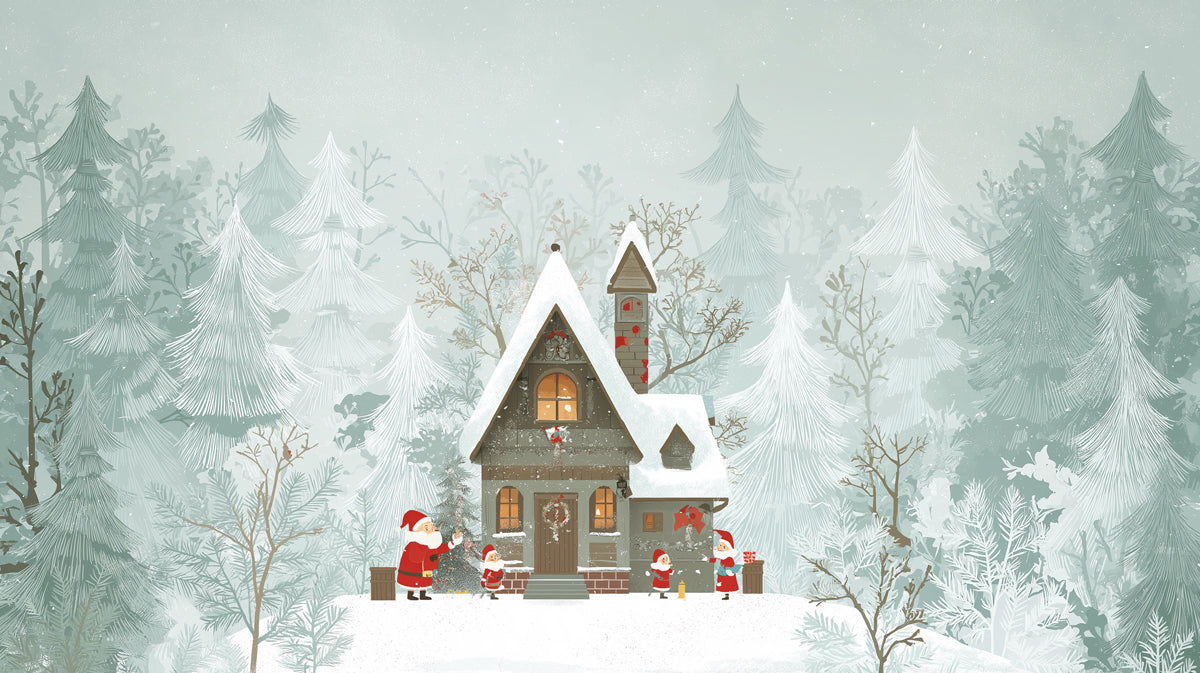 Muted Tonal Snowy Cabin Mural Wallpaper | Cool Greens and Grays, Subtle Figures, Peaceful Forest