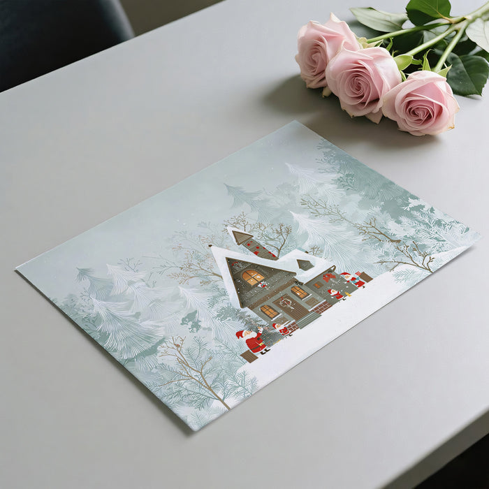 Muted Tonal Snowy Cabin Mural Wallpaper | Cool Greens and Grays, Subtle Figures, Peaceful Forest