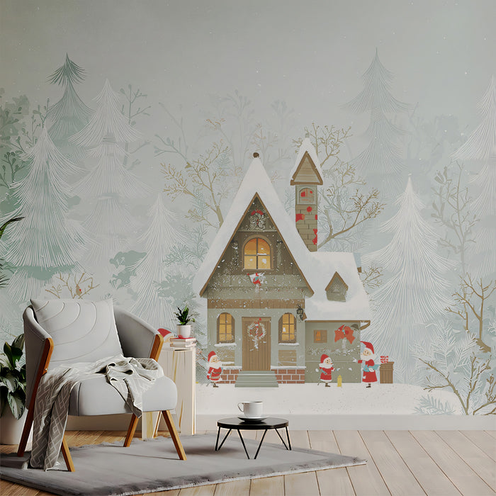 Muted Tonal Snowy Cabin Mural Wallpaper | Cool Greens and Grays, Subtle Figures, Peaceful Forest