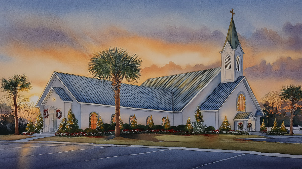 Coastal Church Sunset Watercolor Mural Wallpaper | Subtle Decoration, Warm Sky, Southern Christmas Theme