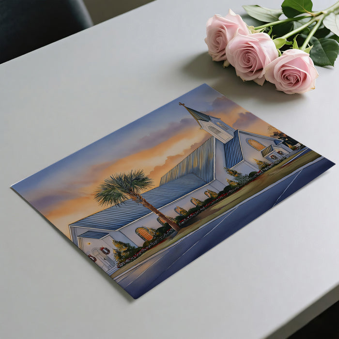 Coastal Church Sunset Watercolor Mural Wallpaper | Subtle Decoration, Warm Sky, Southern Christmas Theme