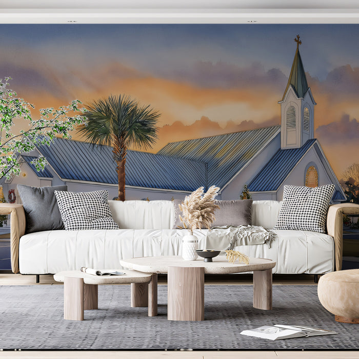 Coastal Church Sunset Watercolor Mural Wallpaper | Subtle Decoration, Warm Sky, Southern Christmas Theme