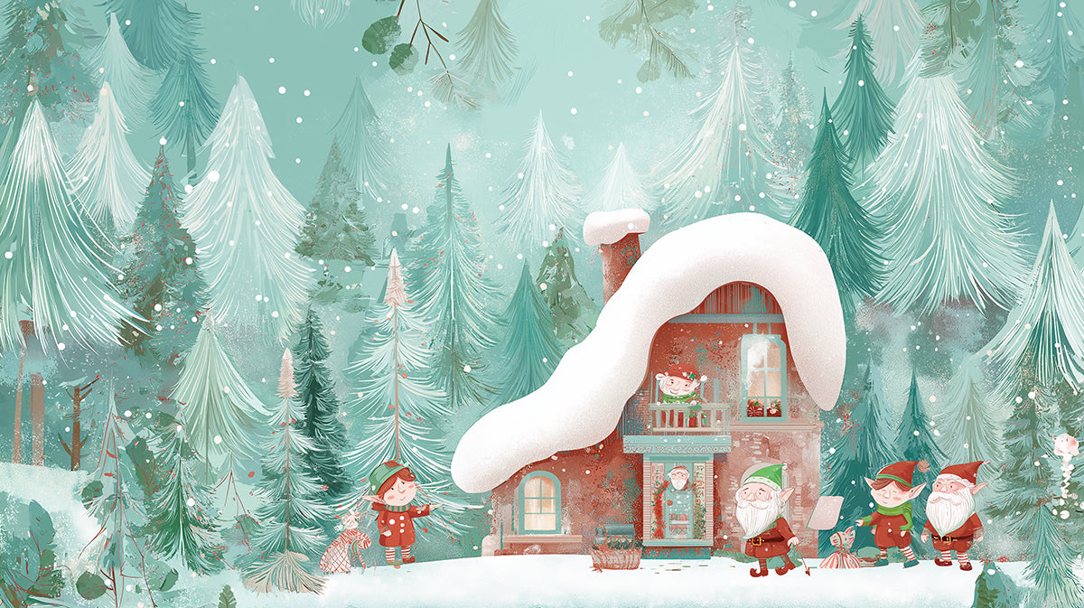 Whimsical Elf Cottage Winter Mural Wallpaper | Mint and Red Contrast, Fairy Tale Forest, Soft Illustration