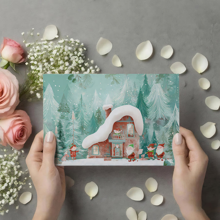 Whimsical Elf Cottage Winter Mural Wallpaper | Mint and Red Contrast, Fairy Tale Forest, Soft Illustration