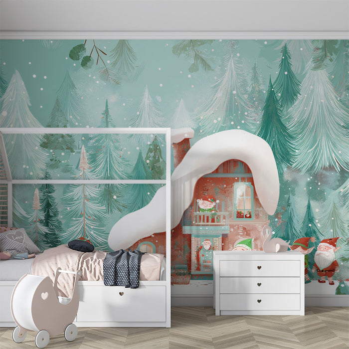 Whimsical Elf Cottage Winter Mural Wallpaper | Mint and Red Contrast, Fairy Tale Forest, Soft Illustration