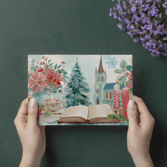 Classic Christmas Floral and Book Mural Wallpaper | Watercolor Poinsettias, Cozy Reading Scene, Nostalgic