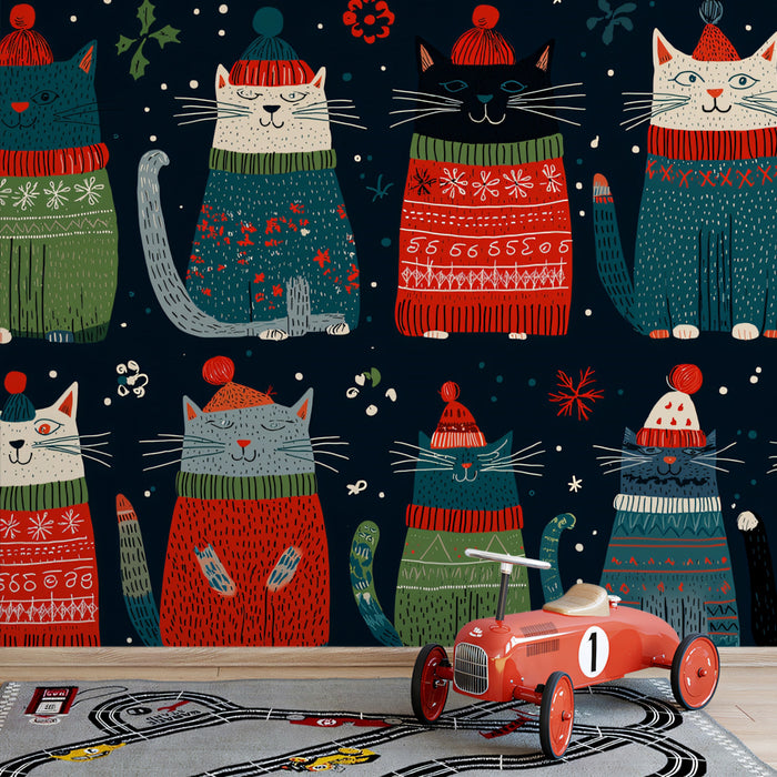 Ugly Christmas Sweater Cats Mural Wallpaper | Dark Palette, Folk Art Pattern, Whimsical