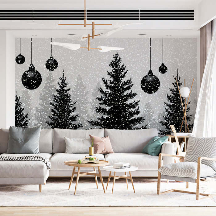 High Contrast Snowy Forest Silhouette Mural Wallpaper | Black and White, Dramatic Winter Landscape
