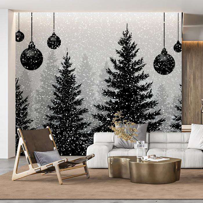 High Contrast Snowy Forest Silhouette Mural Wallpaper | Black and White, Dramatic Winter Landscape