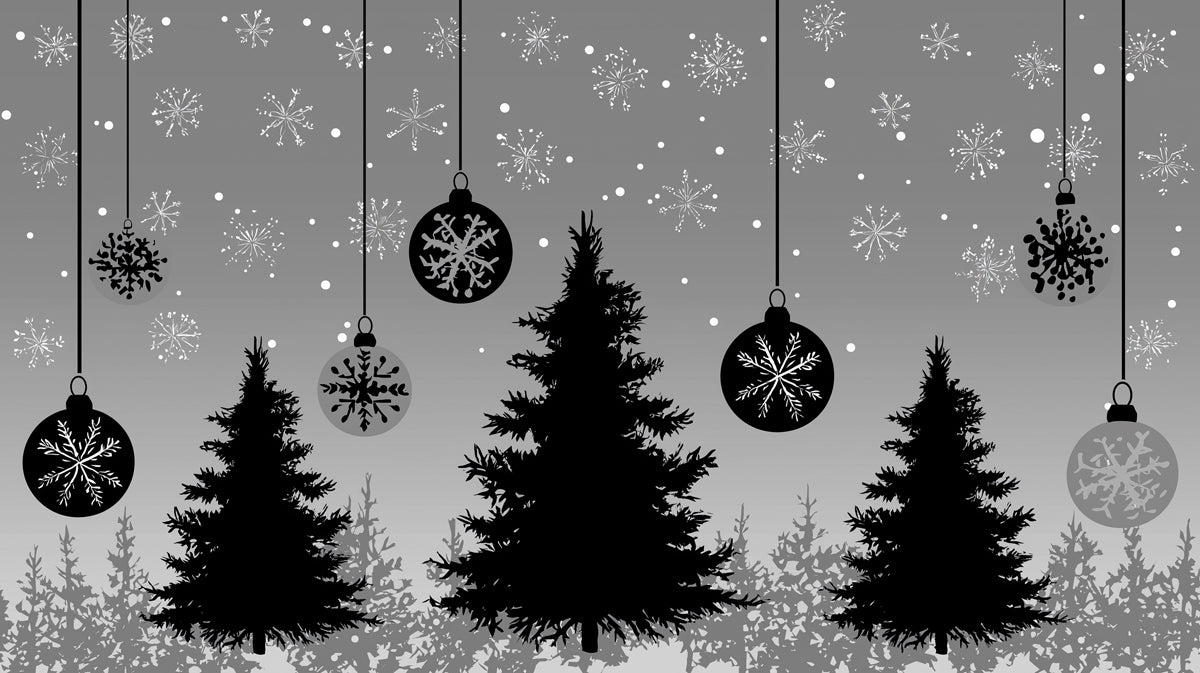 Silhouette Forest and Snowflake Ornament Mural Wallpaper | Black and White Graphic, Gradient Gray, Modern Winter