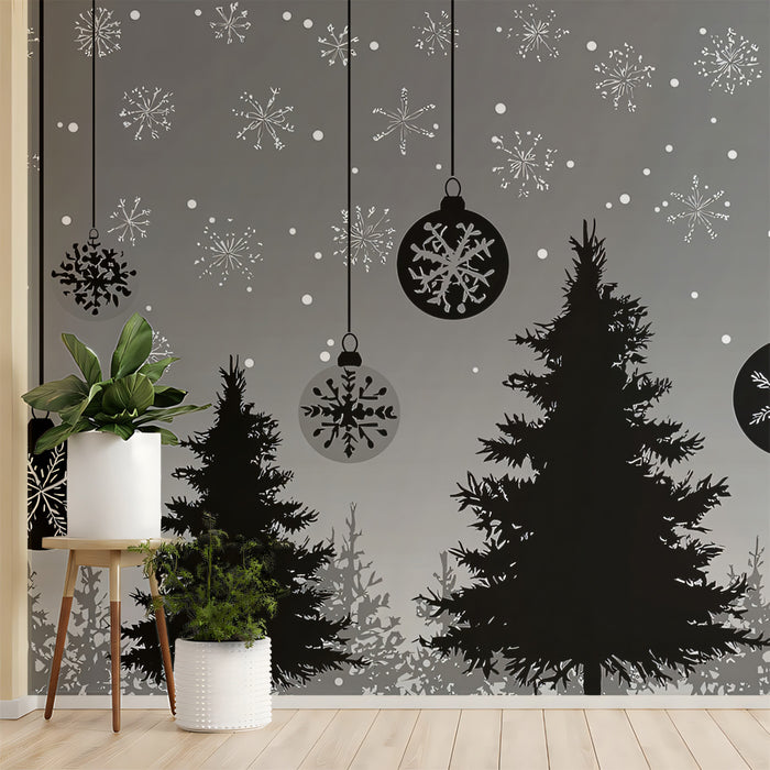 Silhouette Forest and Snowflake Ornament Mural Wallpaper | Black and White Graphic, Gradient Gray, Modern Winter